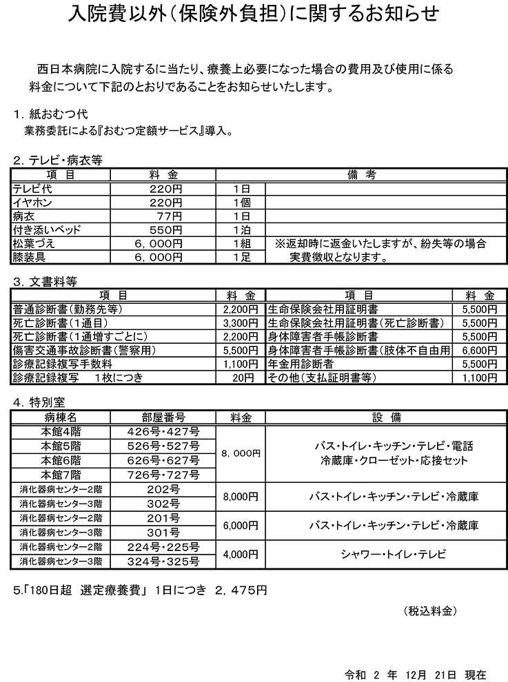 入院費以外(保険外負担)に関するお知らせ